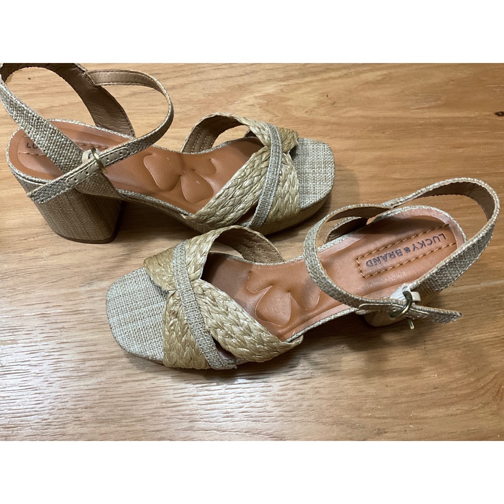 Lucky Brand Marrika Beige Woven Block Heel Platform Sandals Womens 8.5M